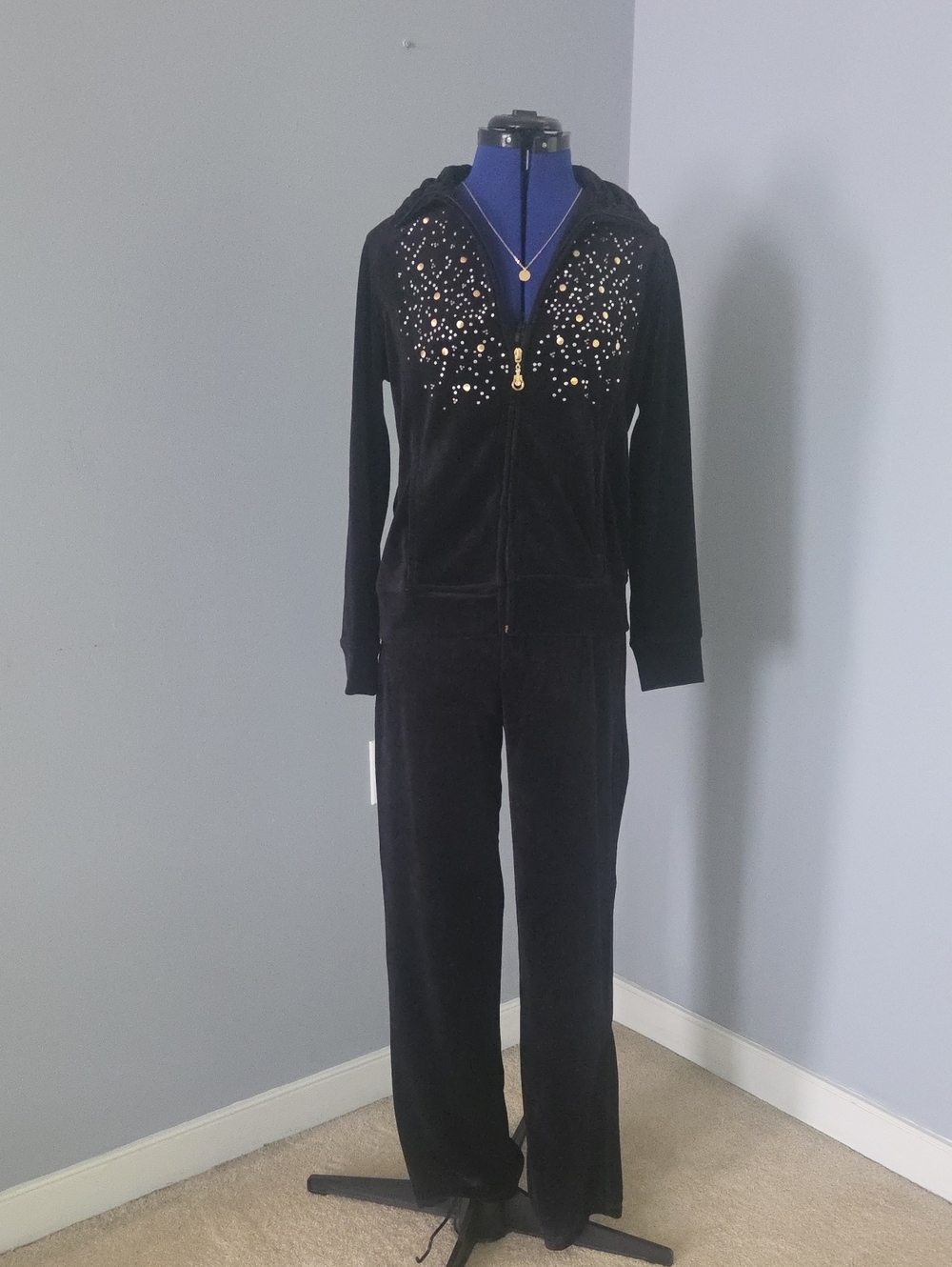 Onque Casuals Black Velvet Rhinestone Zip Hoodie & Jogger Set